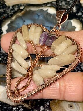 Copper Wire-Wrapped Amethyst  & Agate Crystal Pendant 2 1/2”